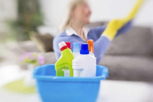 Cleaner checking product use and safety measures during a carpet cleaning job
